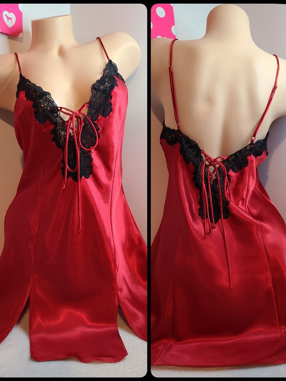 VTG Frederick's Silky Satin Sexy Lace-up Babydoll Slip Dress Size Sm Red Hot